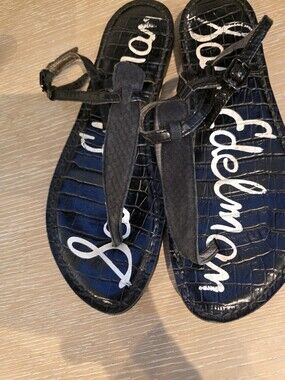 Sam Edelman Black Croc-Embossed T-Strap Sandals with Ankle Buckle